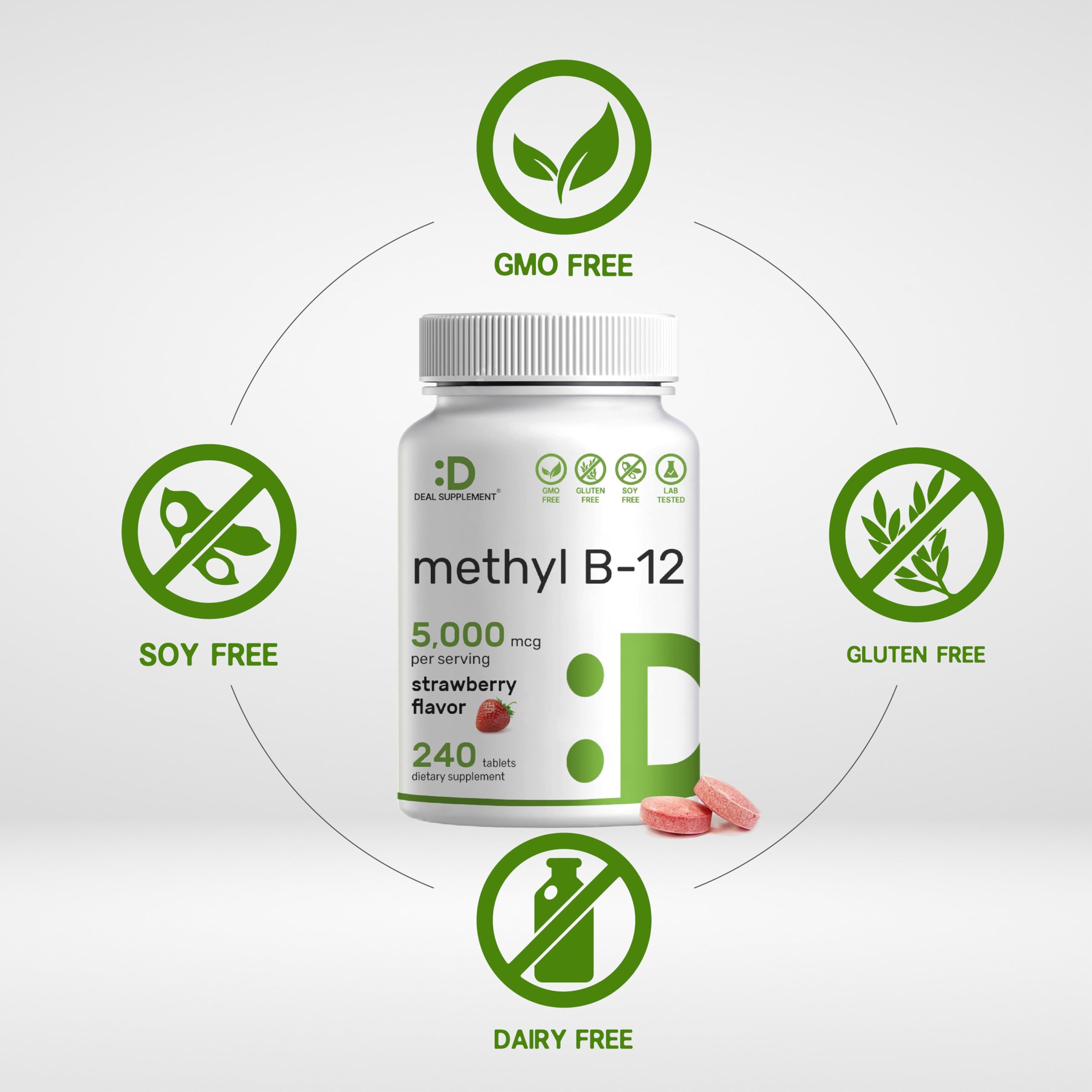 Third-party testing badge visible on DEAL SUPPLEMENT methyl B-12 bottle.