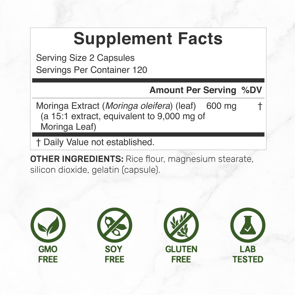 DEAL SUPPLEMENT Moringa Capsules label close-up highlights 9,000 mg per serving.