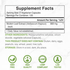 DEAL SUPPLEMENT Mullein Leaf bottle label close-up shows purity and ingredients