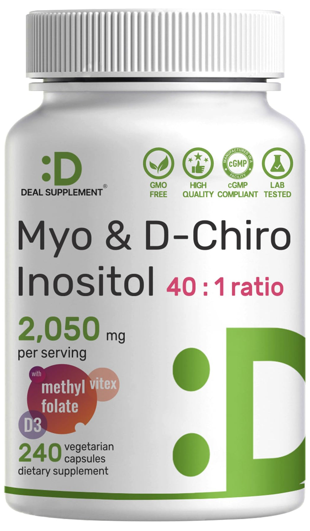 DEAL SUPPLEMENT Myo-Inositol and D-Chiro Inositol bottle shows 40:1 ratio for balance
