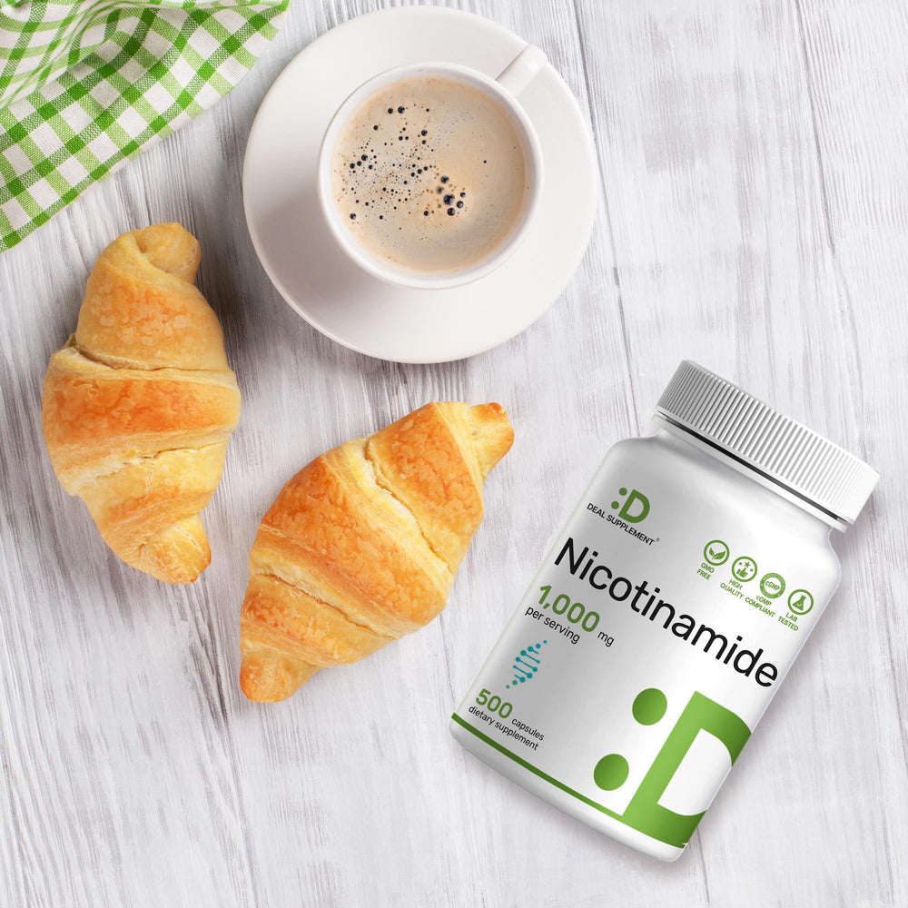 DEAL SUPPLEMENT Nicotinamide 1000mg bottle on desk for daily routine.