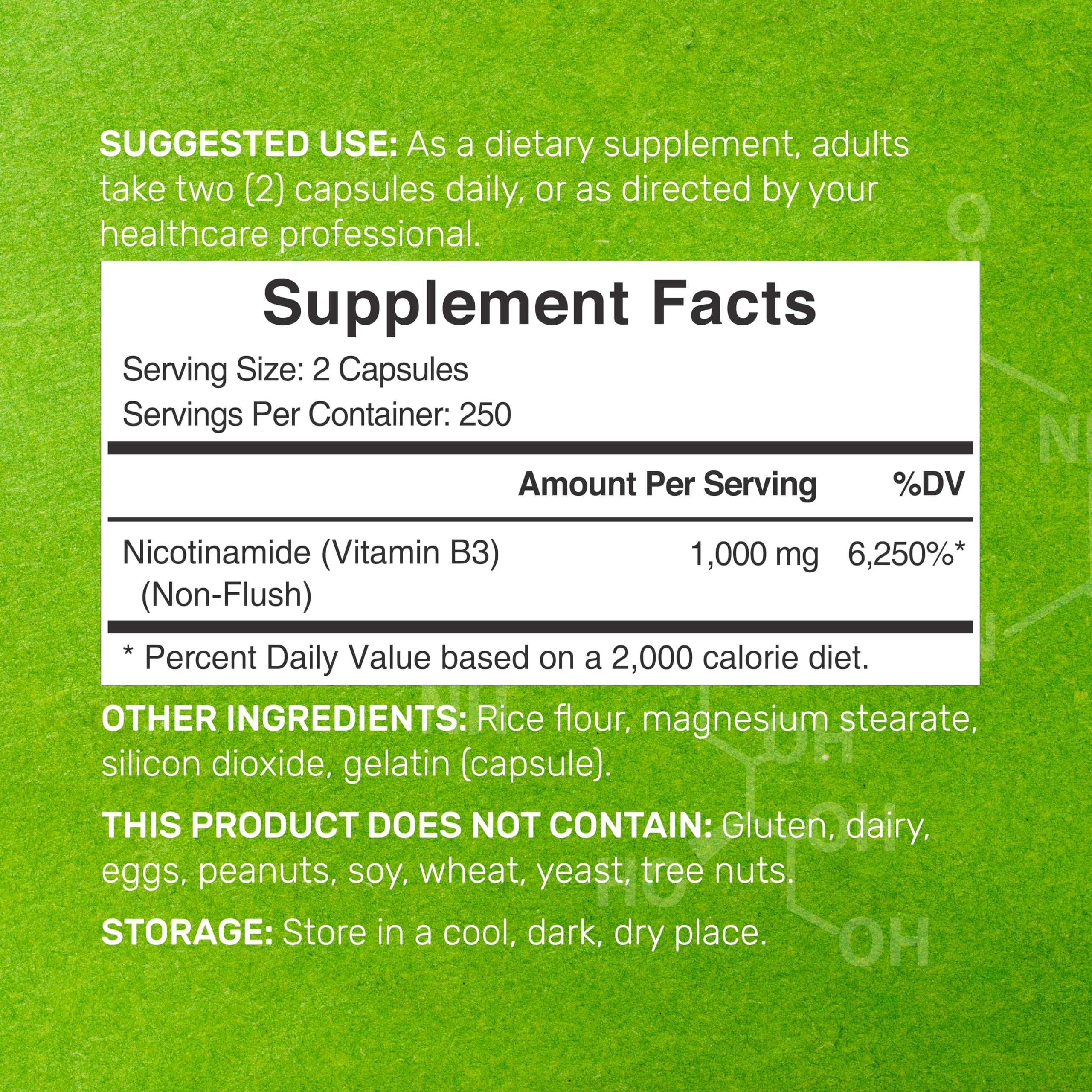 Close-up of DEAL SUPPLEMENT Nicotinamide 1000mg capsules flush-free B3 for skin support.