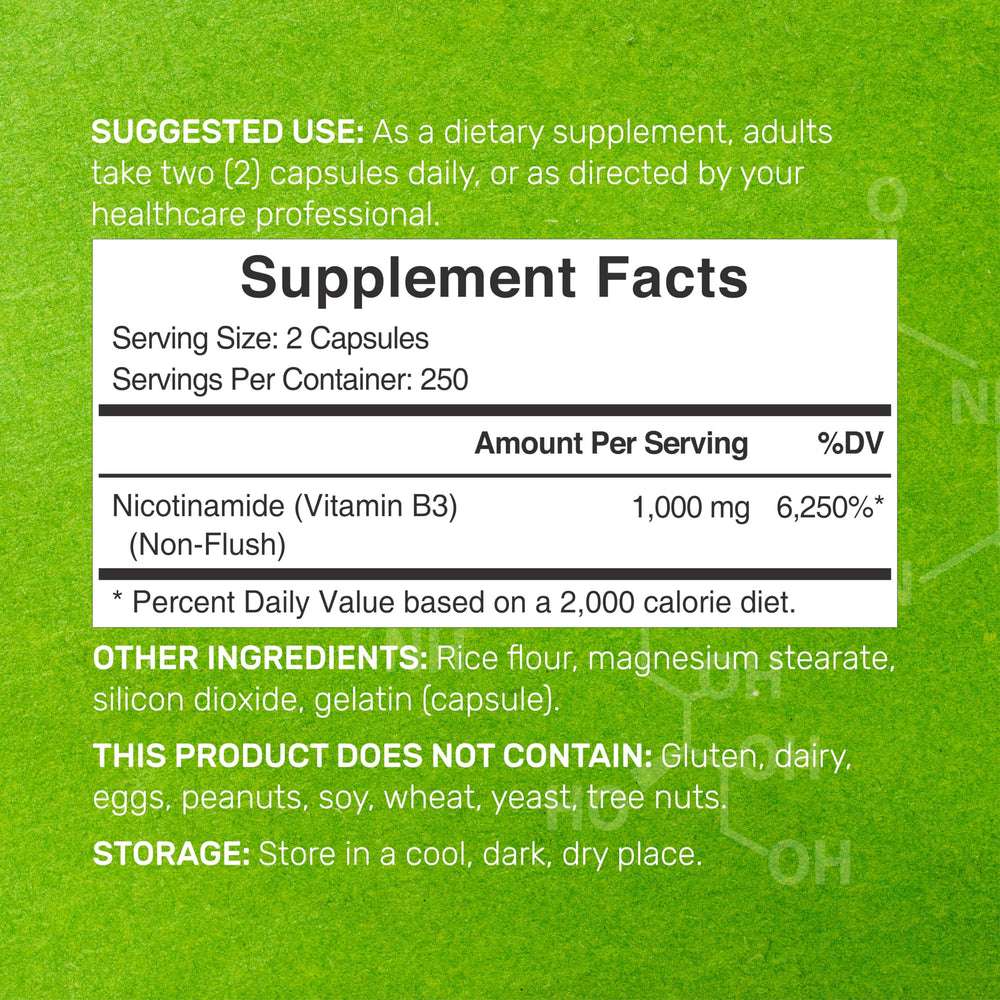 Close-up of DEAL SUPPLEMENT Nicotinamide 1000mg capsules flush-free B3 for skin support.