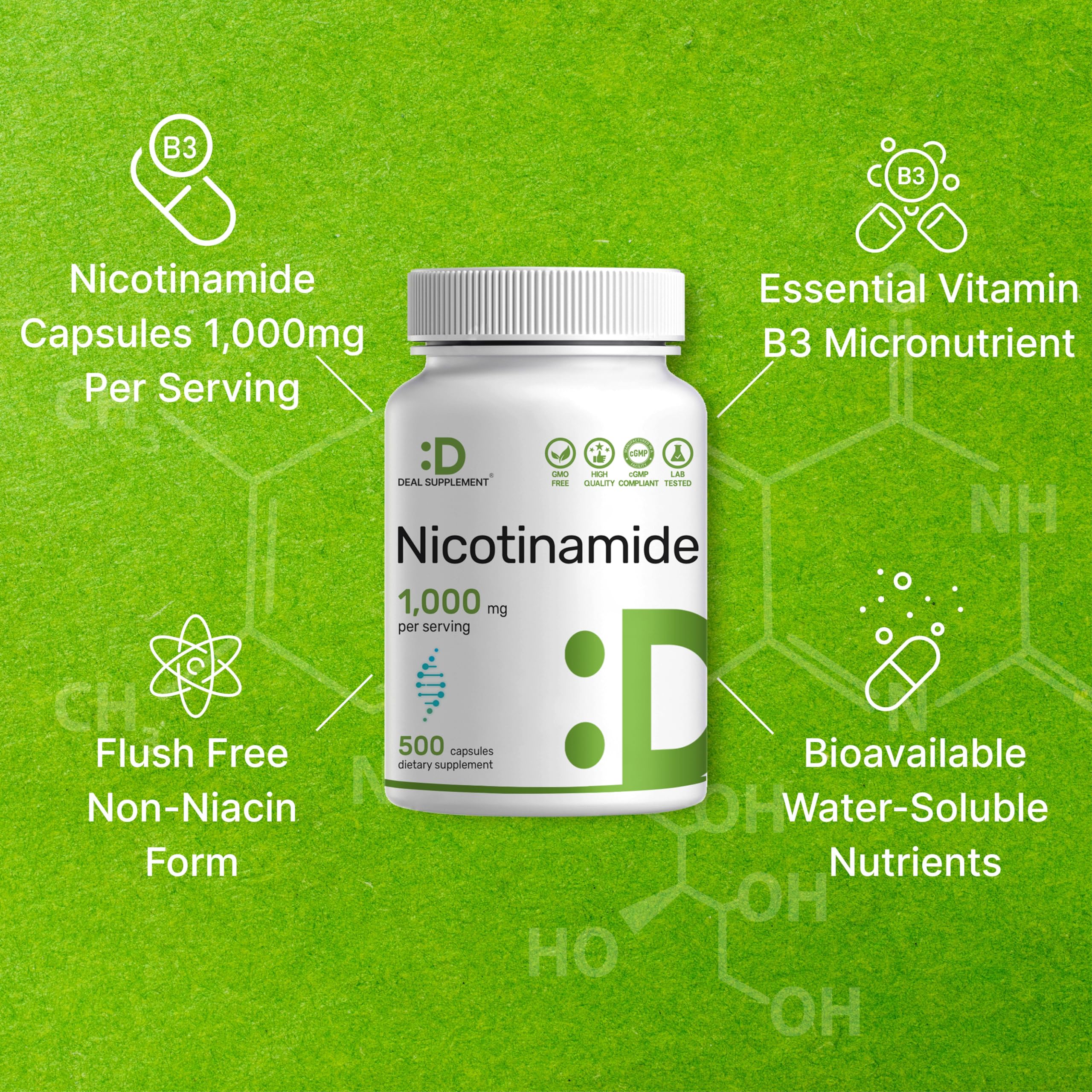 DEAL SUPPLEMENT Nicotinamide 1000mg label detail showing ingredients.