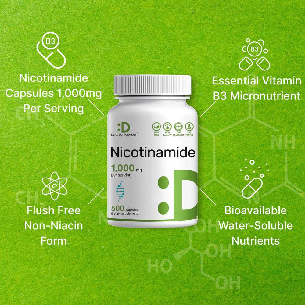 DEAL SUPPLEMENT Nicotinamide 1000mg label detail showing ingredients.