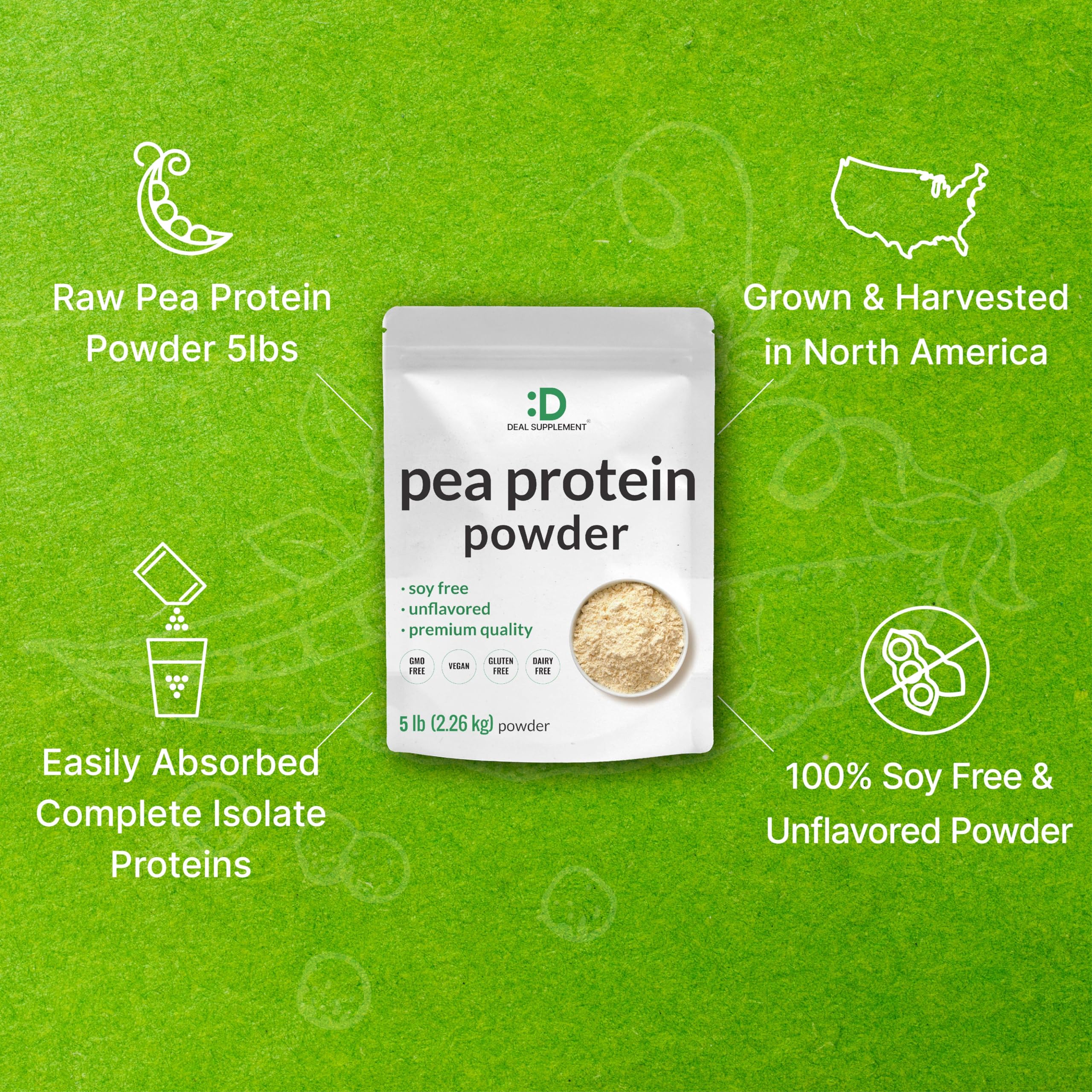 Non-GMO labeling on Deal Supplement pea protein powder bag.