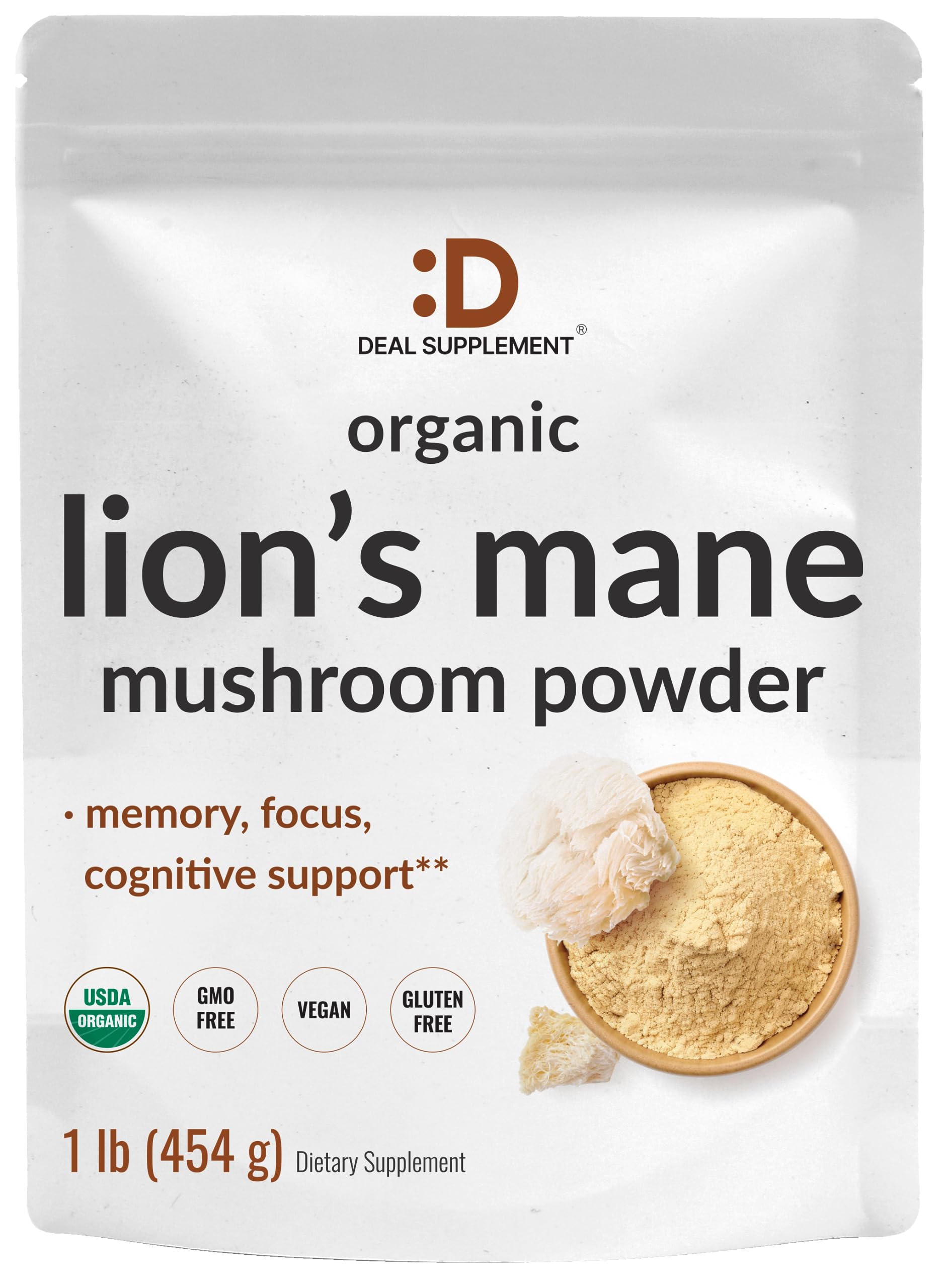 Deal Supplement Organic Lions Mane powder bottle for daily focus and immune support