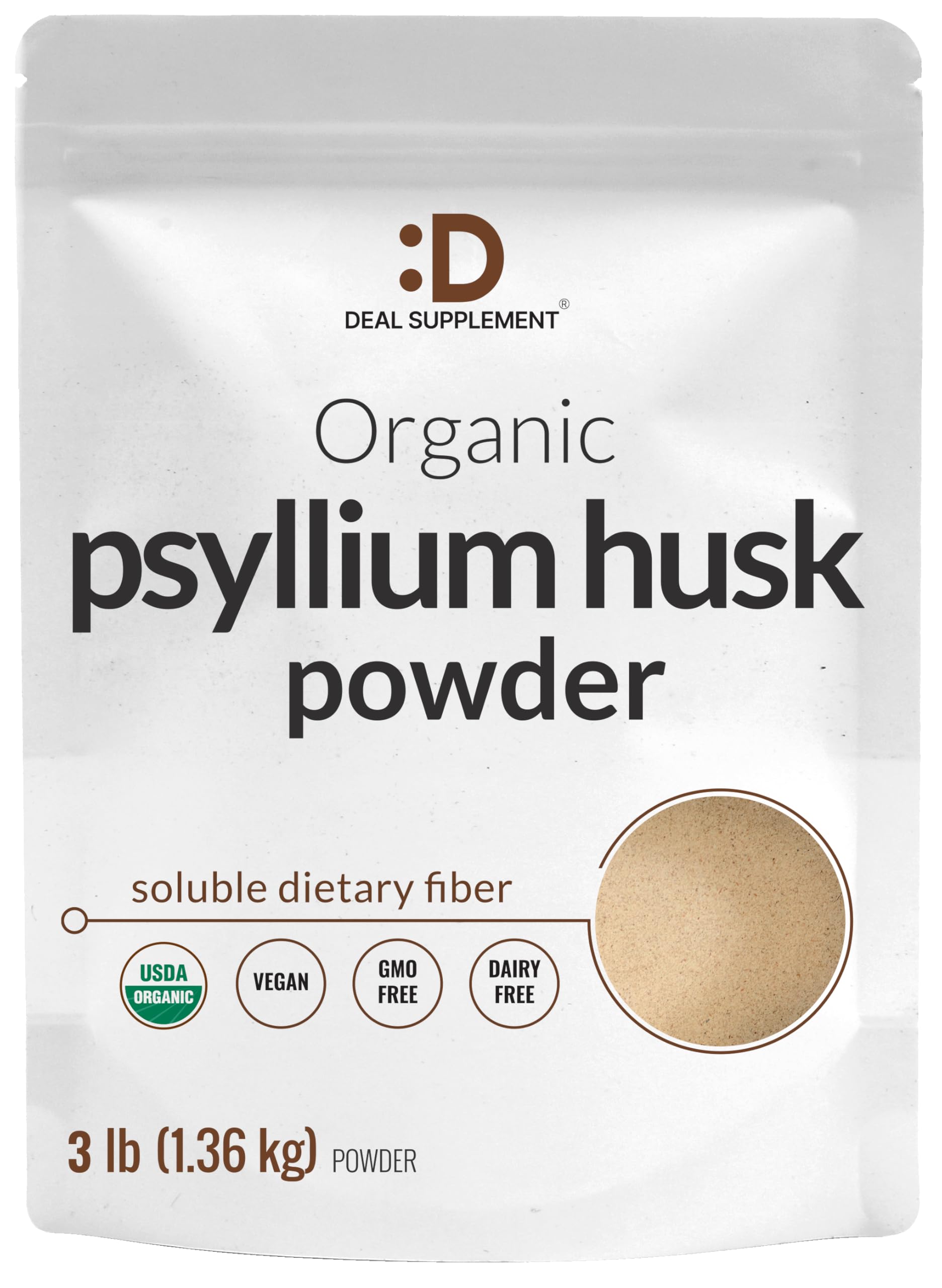 DEAL SUPPLEMENT organic psyllium husk powder front label, gluten-free and non-GMO