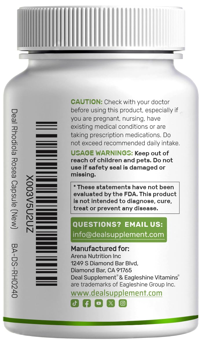 Deal Supplement Rhodiola-Ashwagandha ingredients panel with Rosavins and Salidrosides.