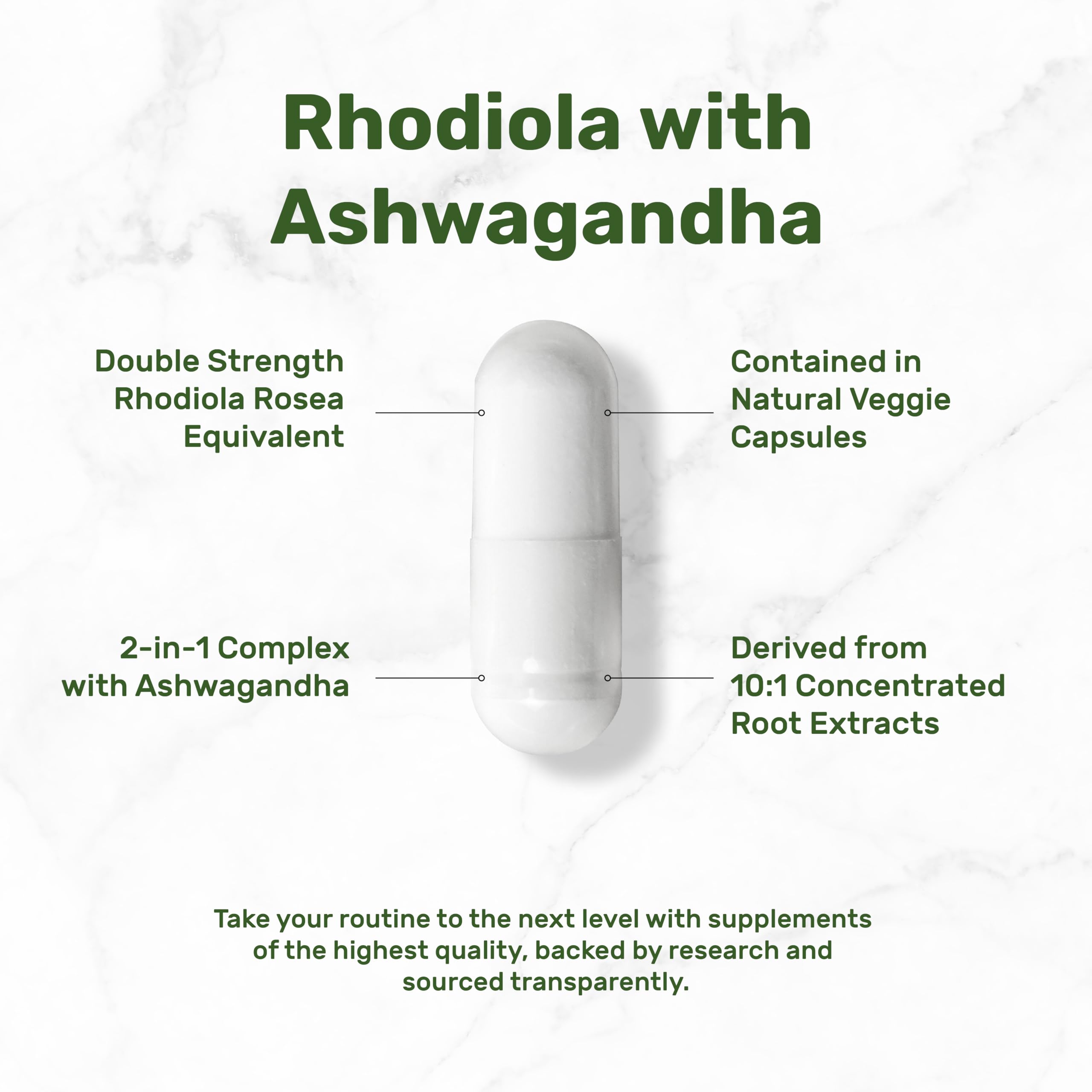 Deal Supplement Rhodiola-Ashwagandha veggie capsules spilled showing convenient dosage.