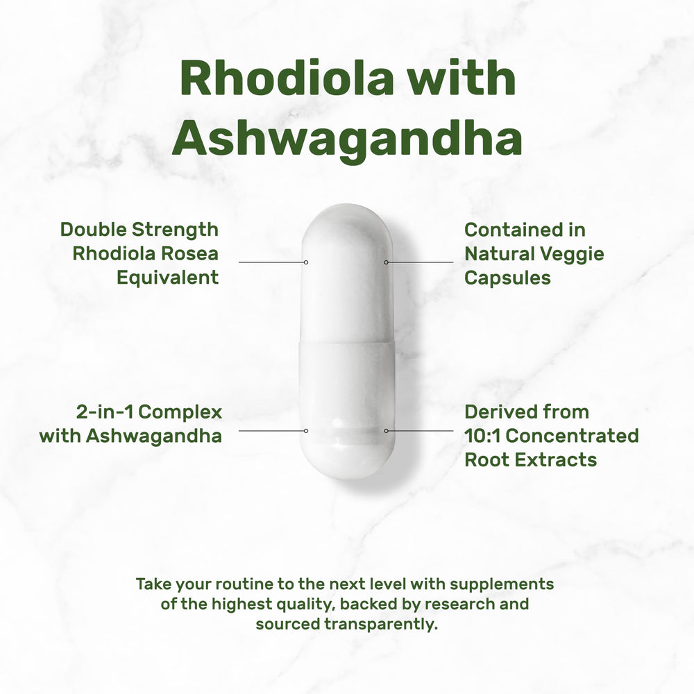 Deal Supplement Rhodiola-Ashwagandha veggie capsules spilled showing convenient dosage.