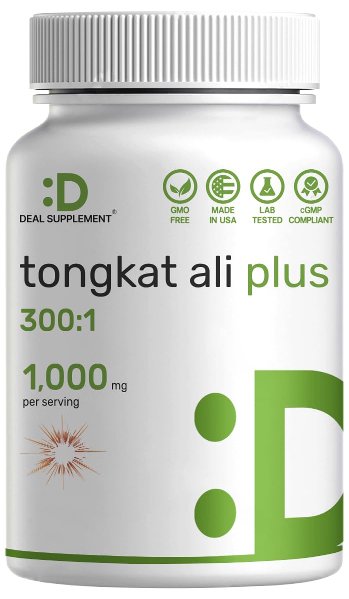 Deal Supplement Tongkat Ali extract capsules on bottle for natural energy support.