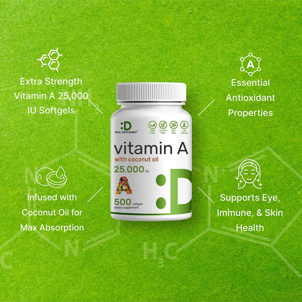 DEAL SUPPLEMENT vitamin A softgel eye health graphic reinforces natural support for vision.