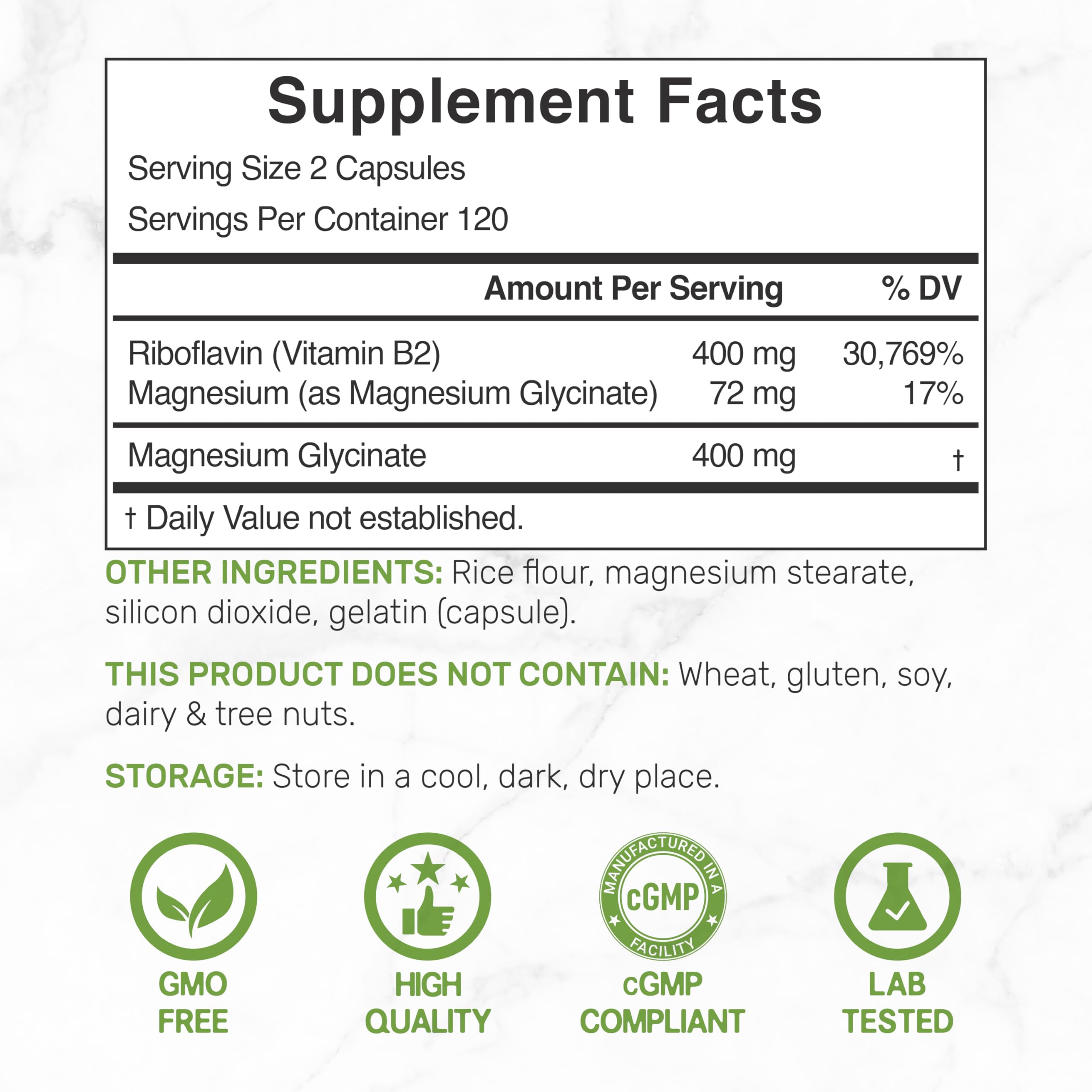Deal Supplement Vitamin B2 bottle side label highlighting non-GMO ingredients.
