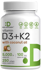 DEAL SUPPLEMENT Vitamin D3 + K2 softgel bottle front view for easy daily intake.