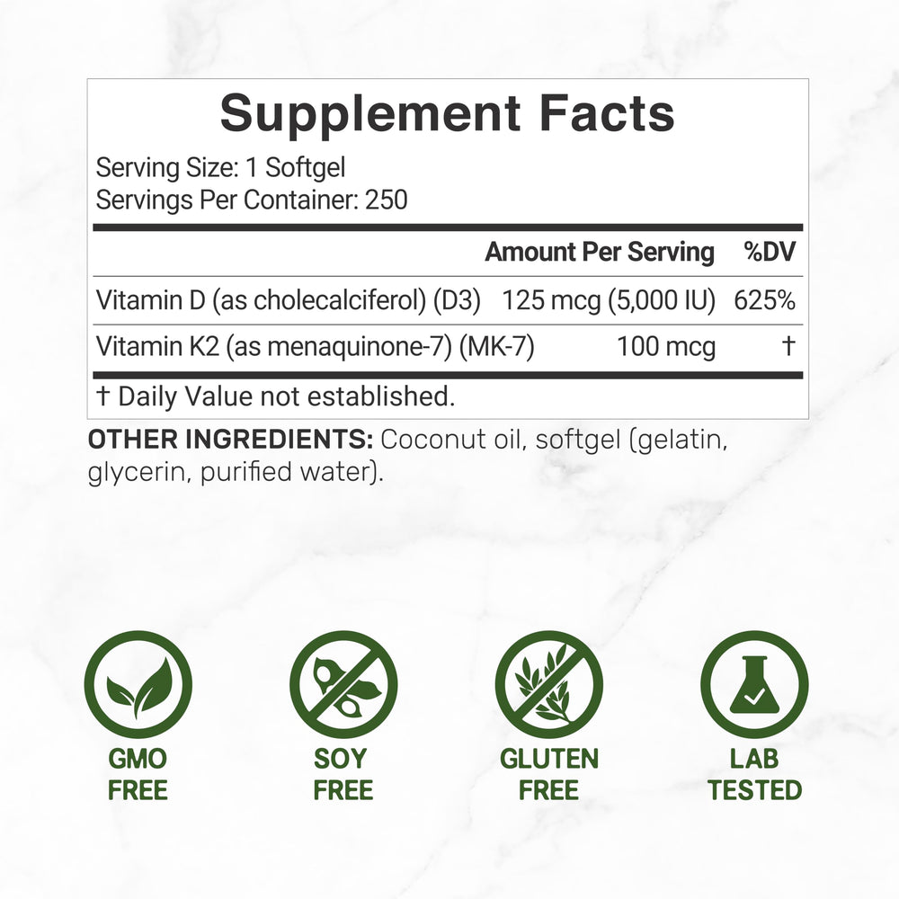 DEAL SUPPLEMENT softgel capsules close-up showing 5000 IU D3 and 100 mcg K2 MK7.