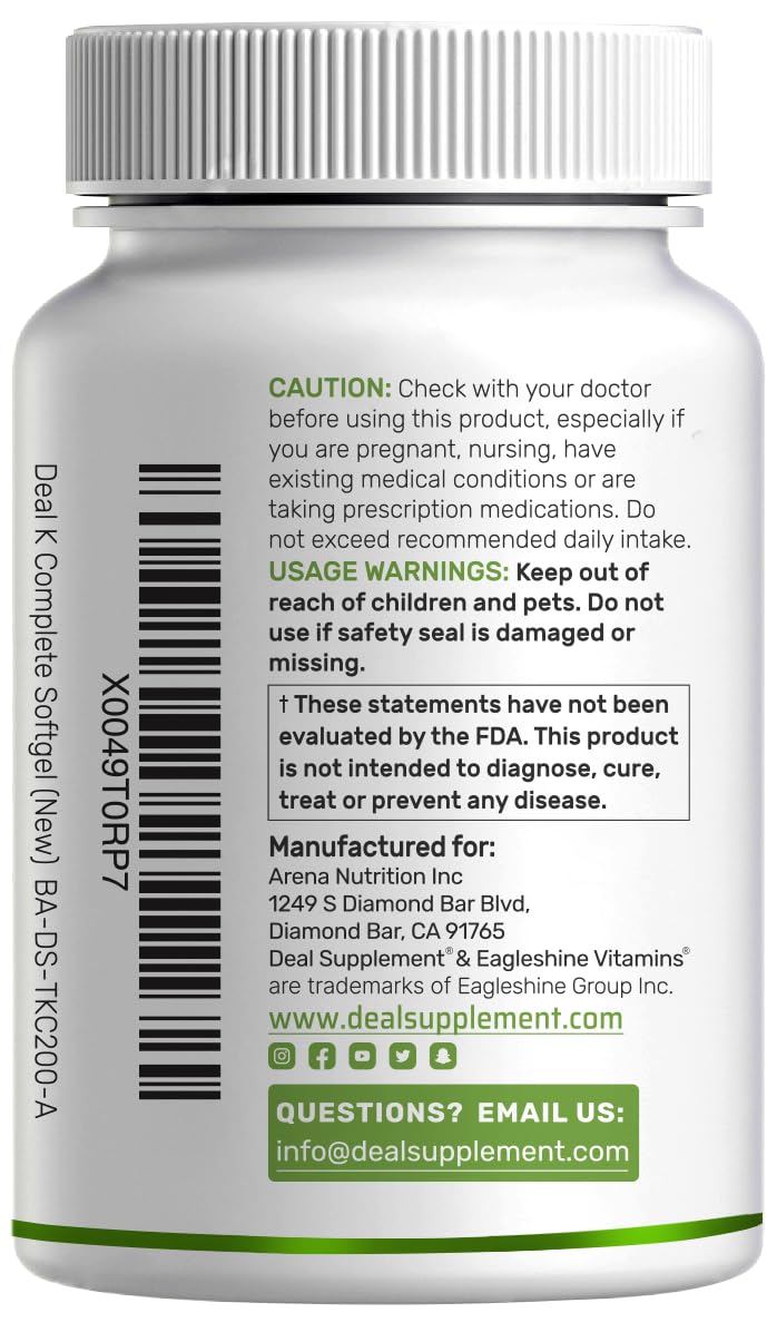 DEAL SUPPLEMENT Vitamin K Complete packaging display communicates quality and non-GMO assurance
