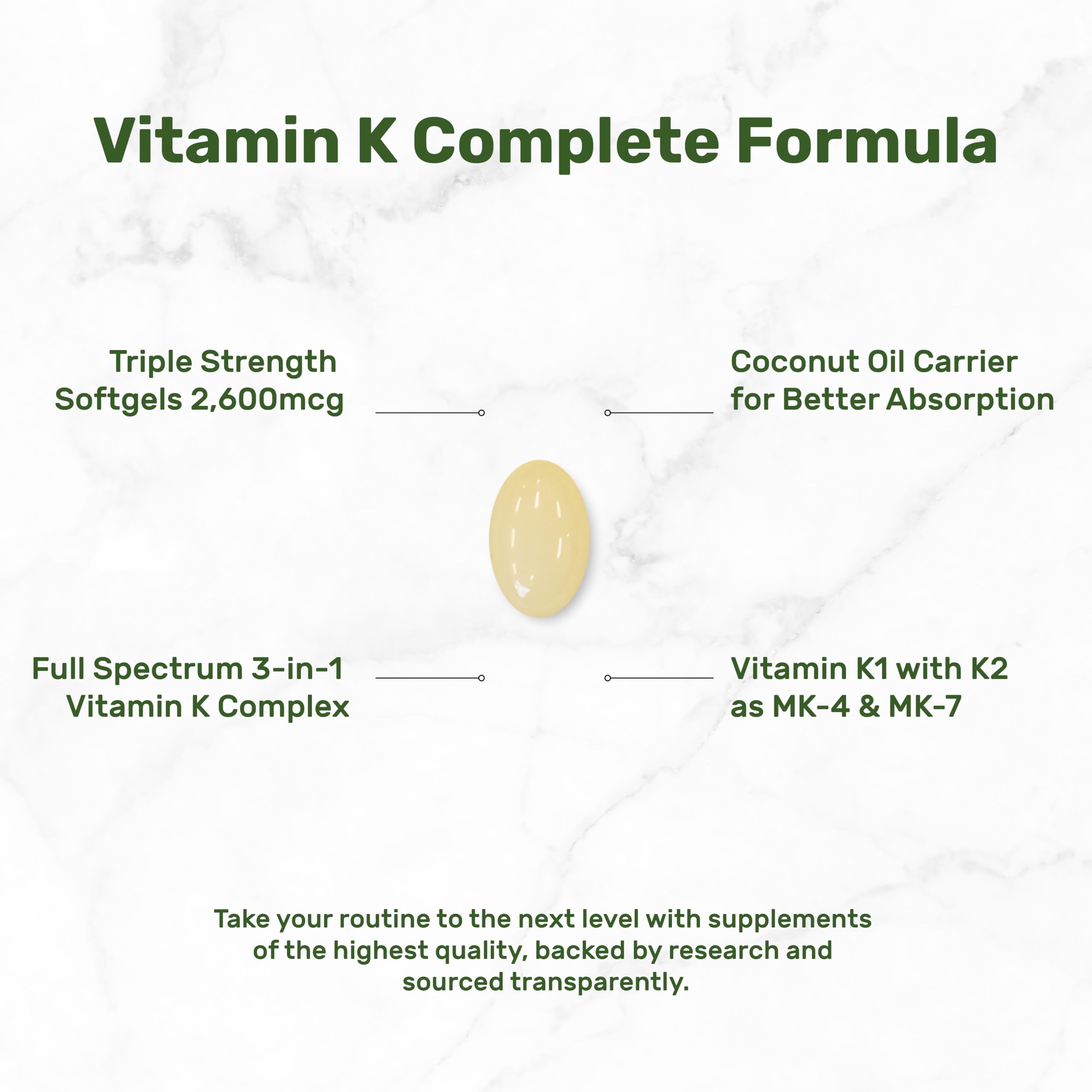 DEAL SUPPLEMENT Vitamin K Complete softgels closeup highlighting high potency K1 MK-7 MK-4