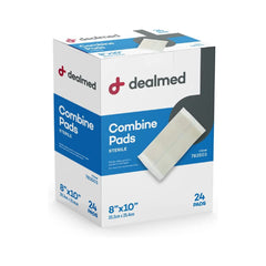 Dealmed ABD Combine Pad 8x10 in-box package supports wound care and drainage management.