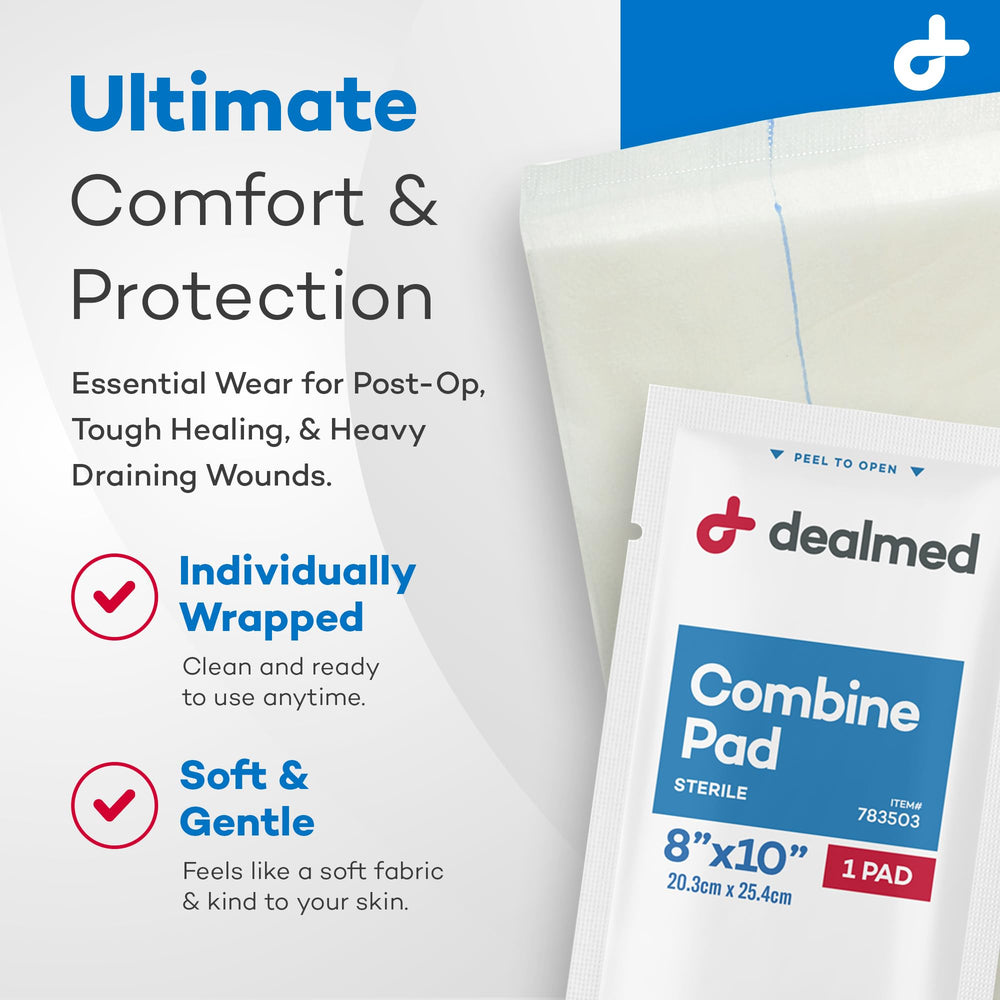 Dealmed ABD Combine Pad is sterile and individually wrapped for aseptic handling.
