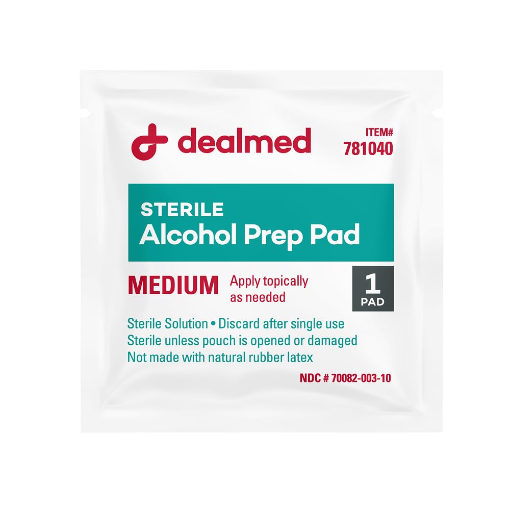 Dealmed Alcohol Prep Pads para limpieza de dispositivos en clínica.
