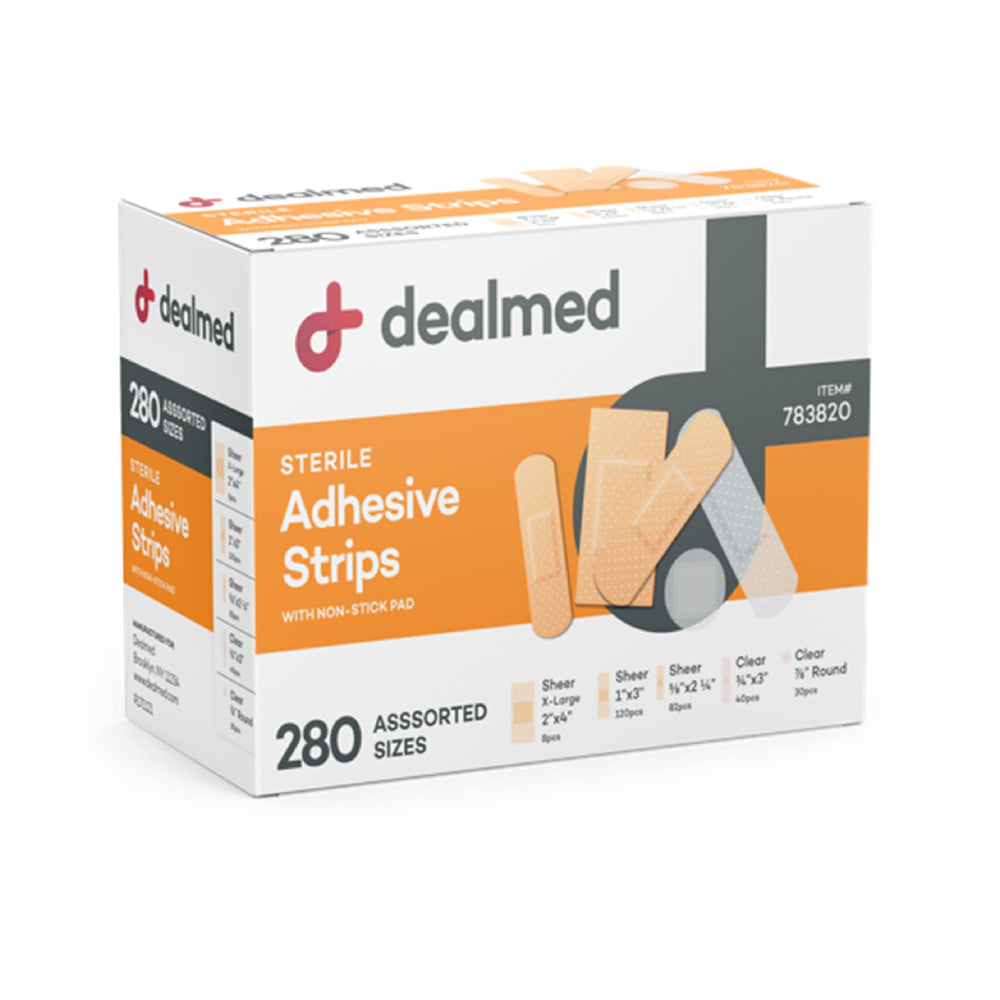 Dealmed assorted bandages pack shot shows variety for quick wound care on the go.