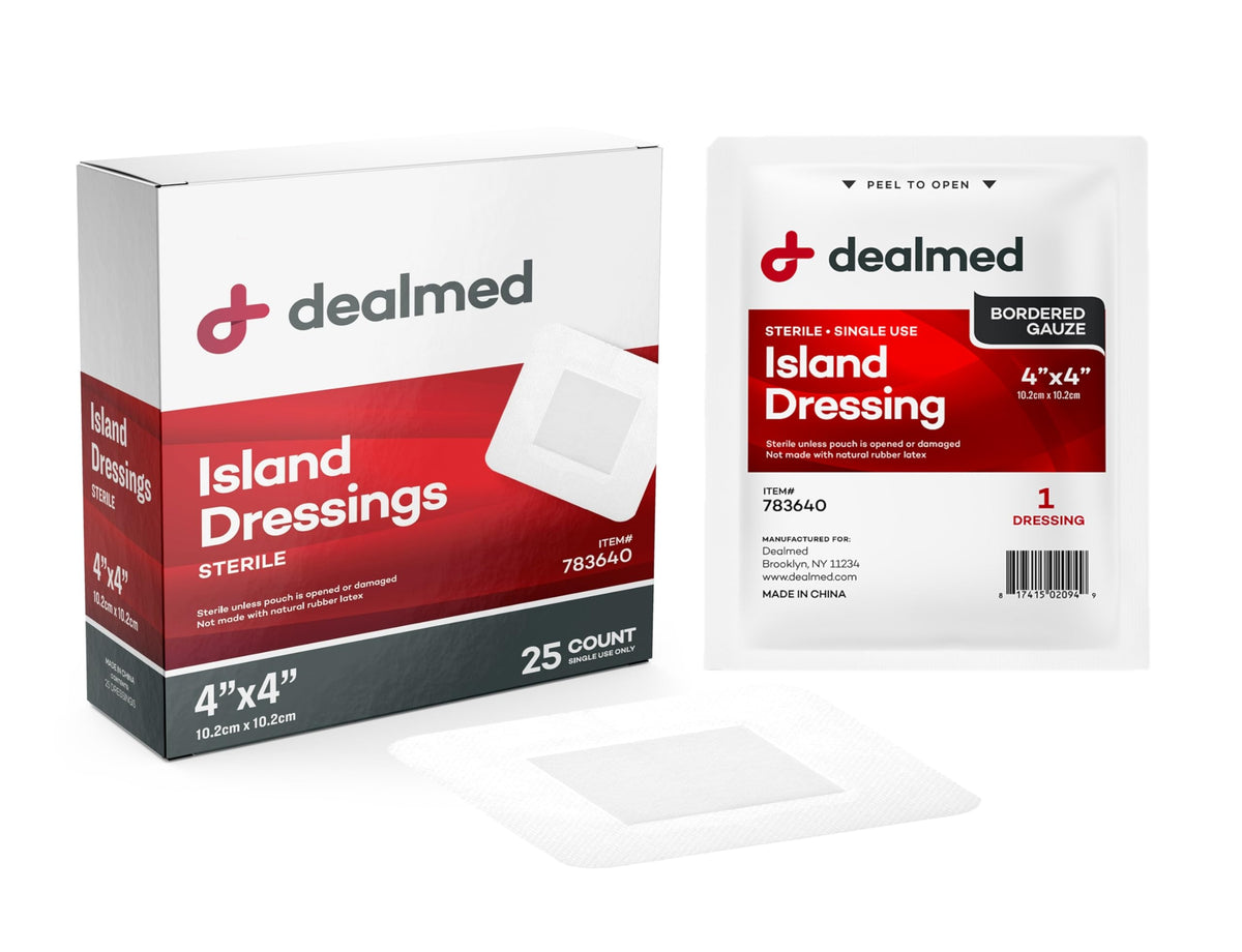 Dealmed gasa isla esteril 4x4 en caja, ideal para primeros auxilios.