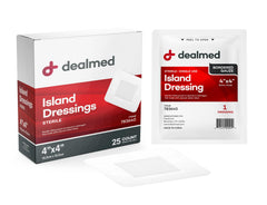 Dealmed gasa isla esteril 4x4 en caja, ideal para primeros auxilios.