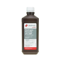 Dealmed 3% hydrogen peroxide 16 oz bottle ready for first aid cleaning and surface disinfection.