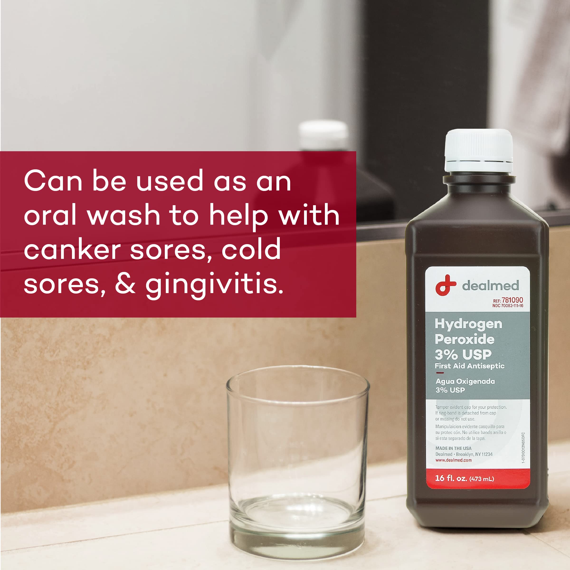 Dealmed first aid kit staple: hydrogen peroxide 3% for wound care and hygiene.