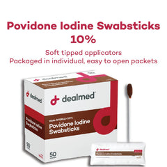 Dealmed povidone iodine 10% swabsticks shown for skin prep before minor procedures