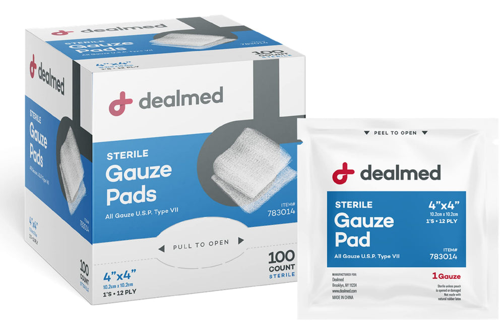 Dealmed sterile 4x4 gauze pad for wound protection and absorption.