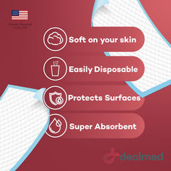 Dealmed underpads measure 24 by 17 inches for broad coverage.