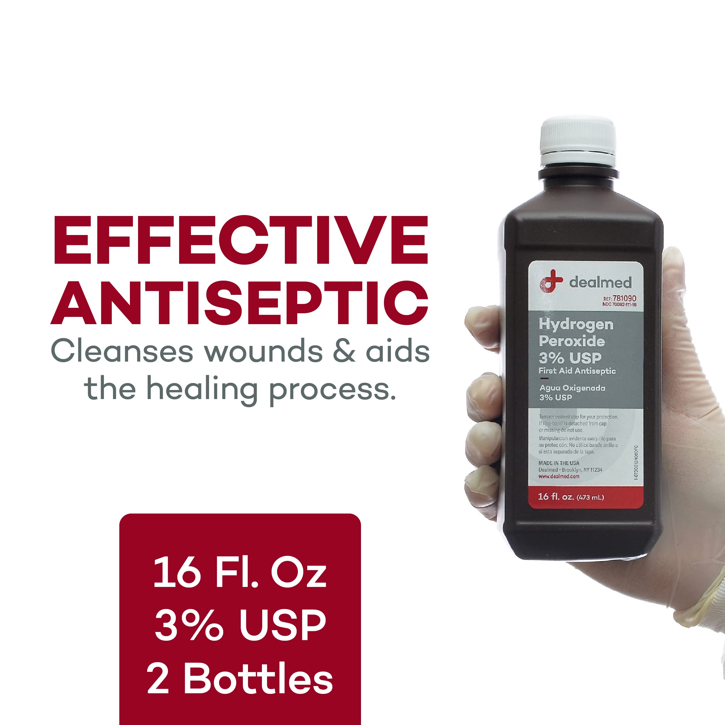 USA-made Dealmed hydrogen peroxide bottle with leak-resistant cap for safe travel and storage.
