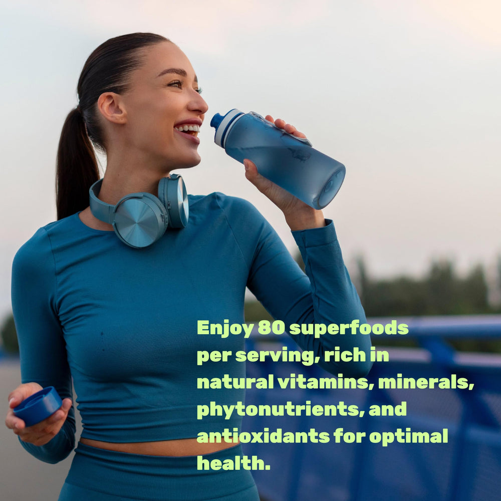 DEAL SUPPLEMENT 80 superfoods infographic close-up emphasizes diverse fruit and vegetable blend.