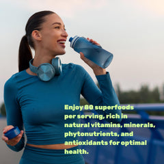 DEAL SUPPLEMENT 80 superfoods infographic close-up emphasizes diverse fruit and vegetable blend.
