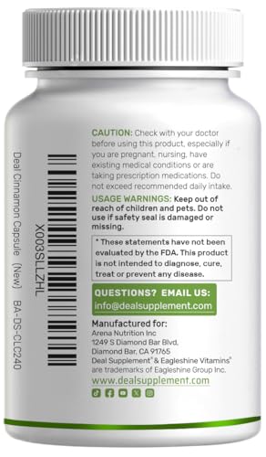 DEAL SUPPLEMENT Cinnamon bottle back label with full ingredients and clear usage details