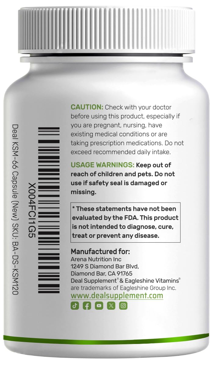 DEAL SUPPLEMENT KSM66 Ashwagandha bottle on shelf conveys trusted daily wellness support.