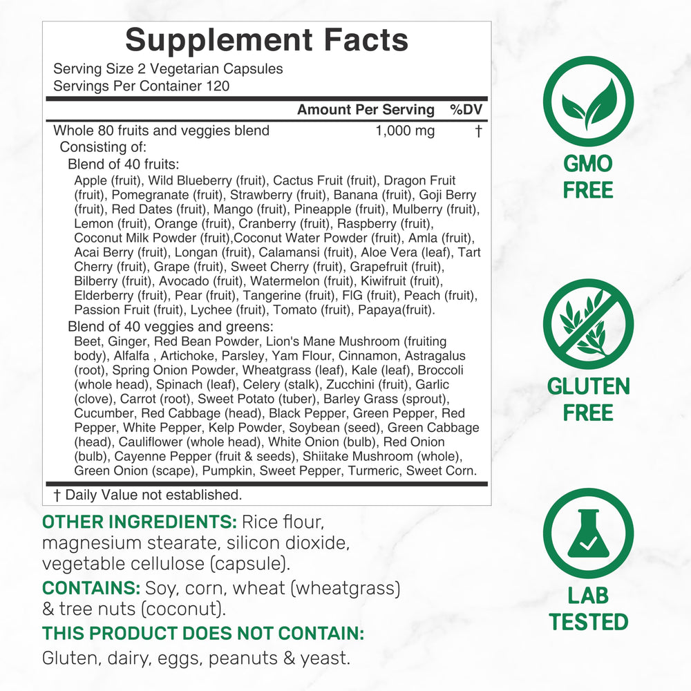 DEAL SUPPLEMENT Nature’s Fruits & Veggies bottle back lists ingredients and benefits.