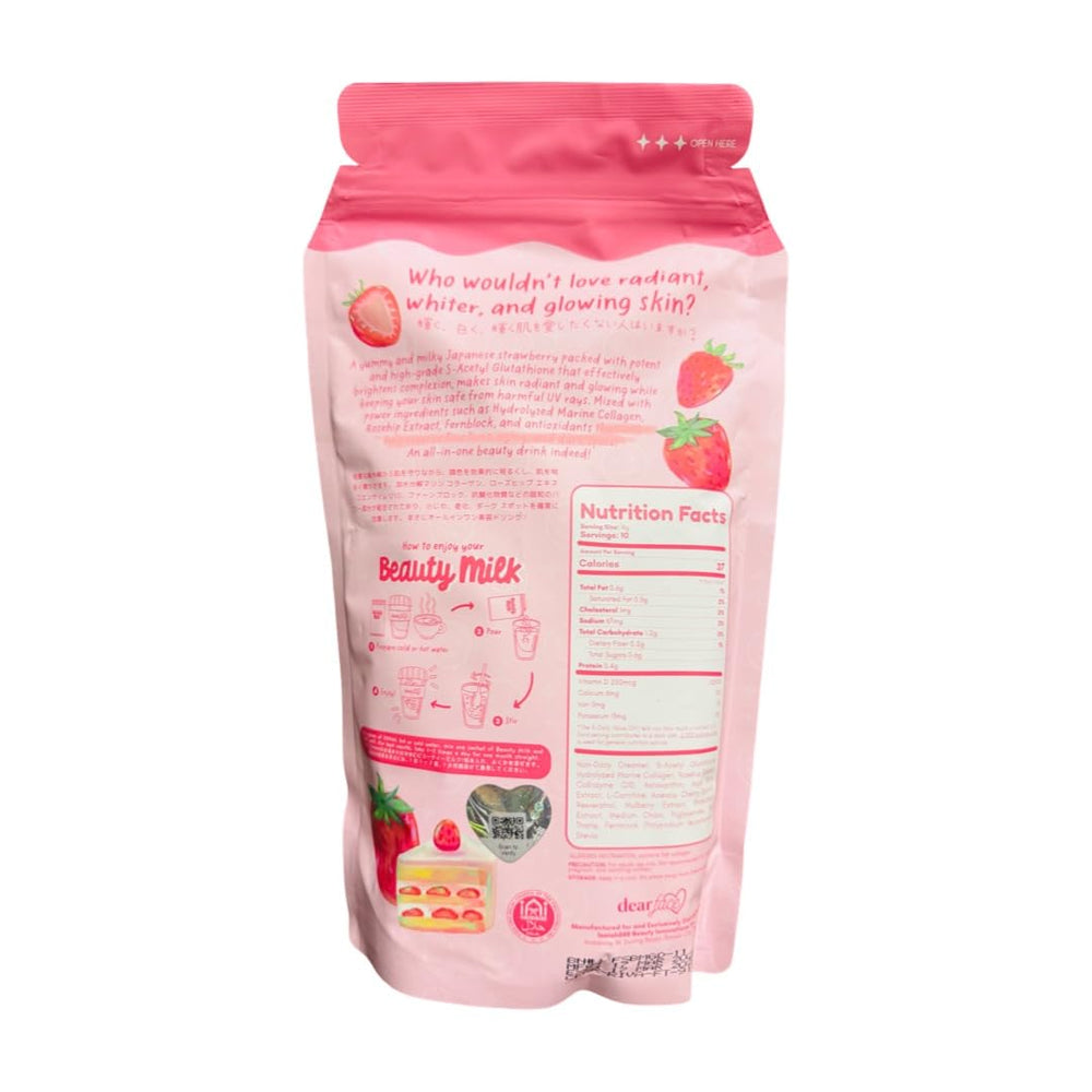 Dear Face Beauty Milk Strawberry collagen glass being poured, ideal for morning ritual.