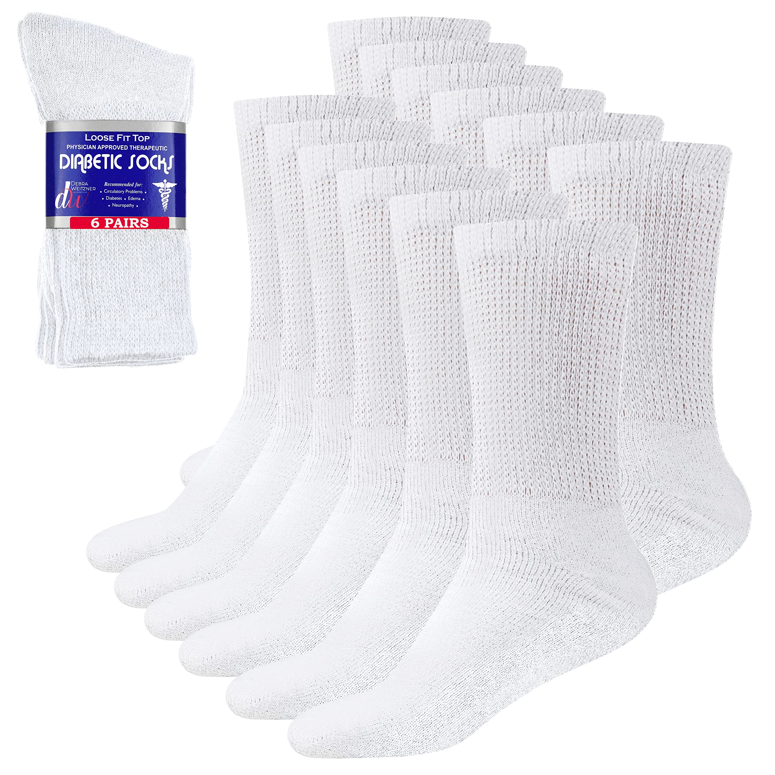 Debra Weitzner diabetic socks 6-pack crew white front view highlighting comfortable non-binding design