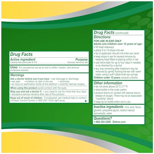 Debrox drops in use, easing wax buildup for clearer ears.
