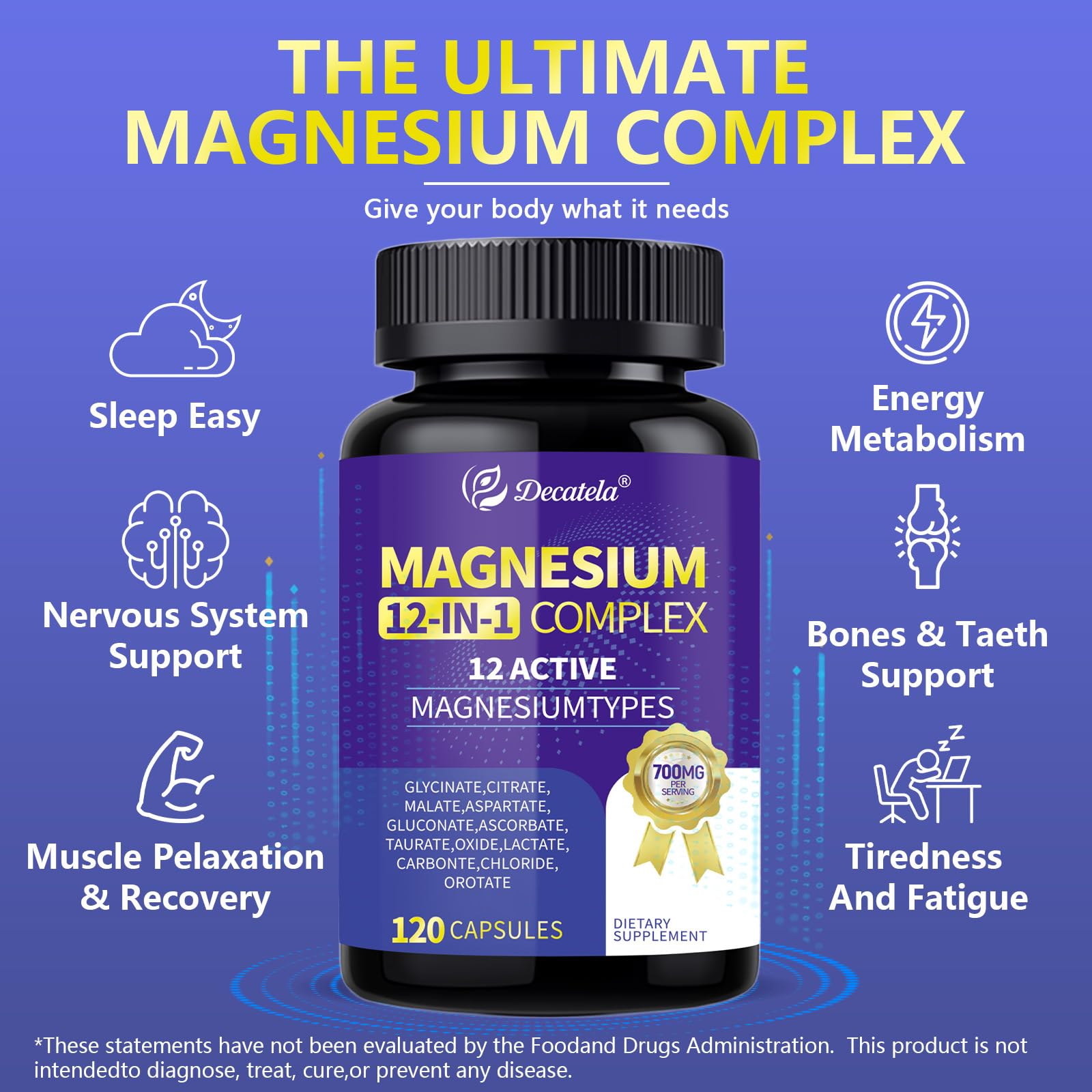 Decatela Magnesium 12-in-1 capsules for daily relaxation and muscle support
