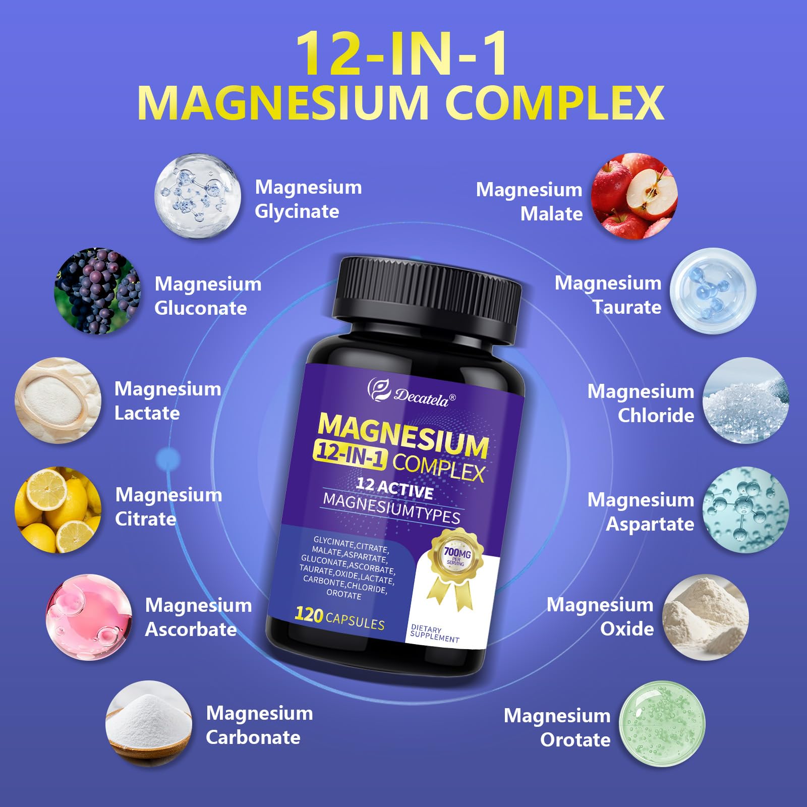 Decatela Magnesium 12-in-1 label close-up highlights vegan and non-GMO ingredients