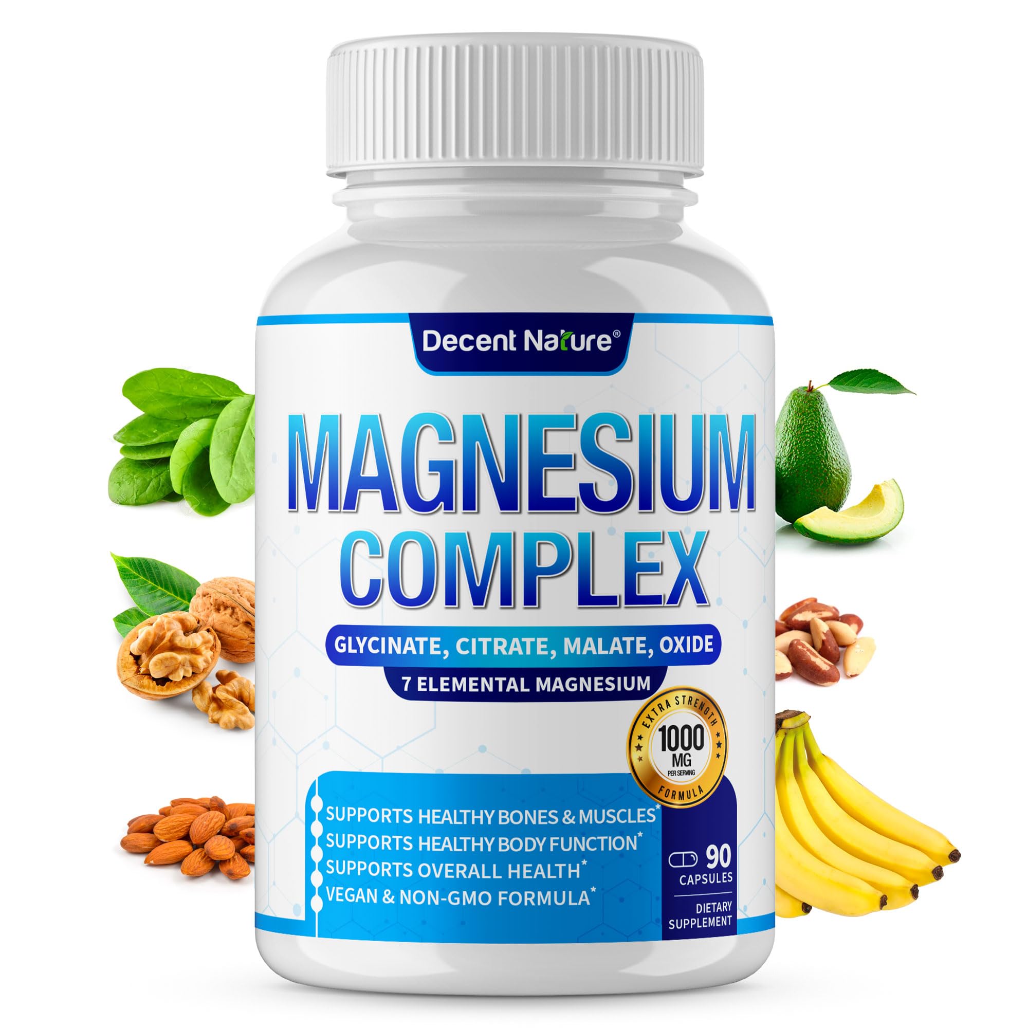 The DECENT NATURE Magnesium Complex bottle sits ready for daily use with capsules.