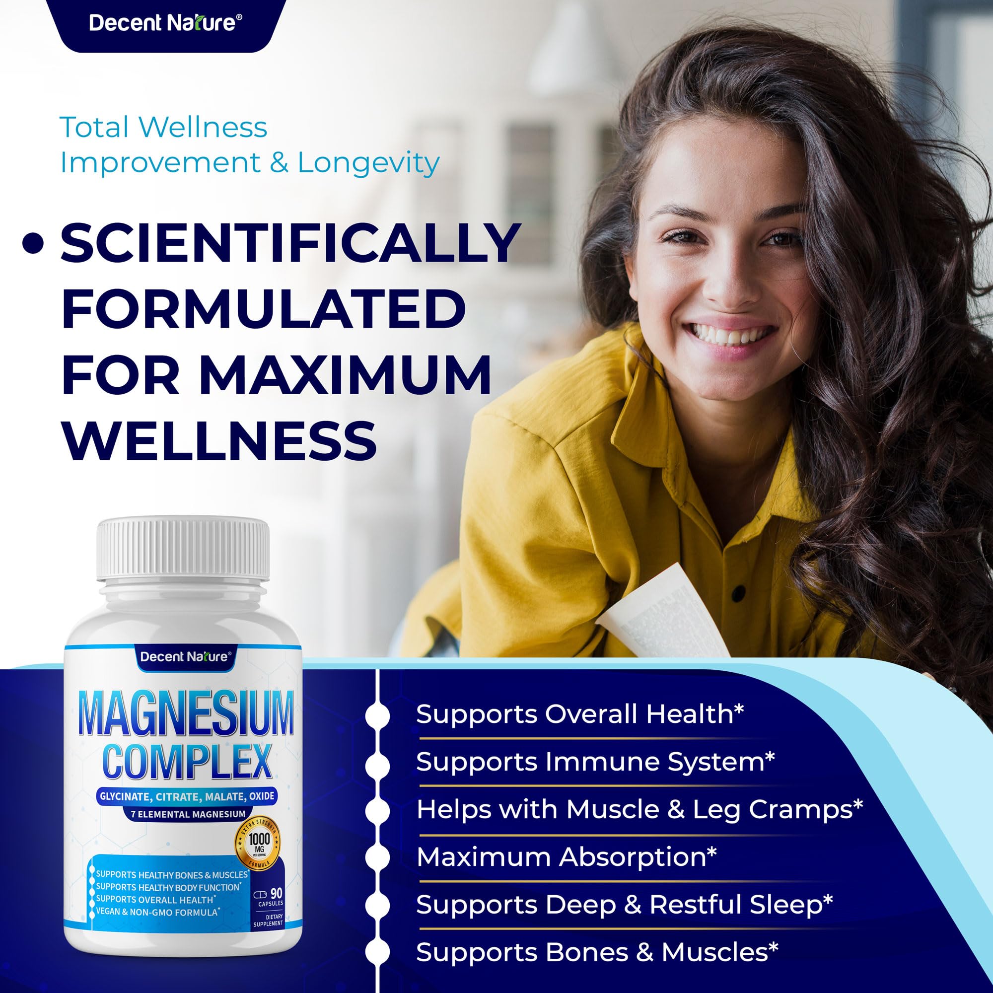 Close-up of DECENT NATURE Magnesium Complex capsules highlighting seven forms.