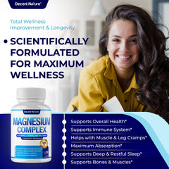 Close-up of DECENT NATURE Magnesium Complex capsules highlighting seven forms.