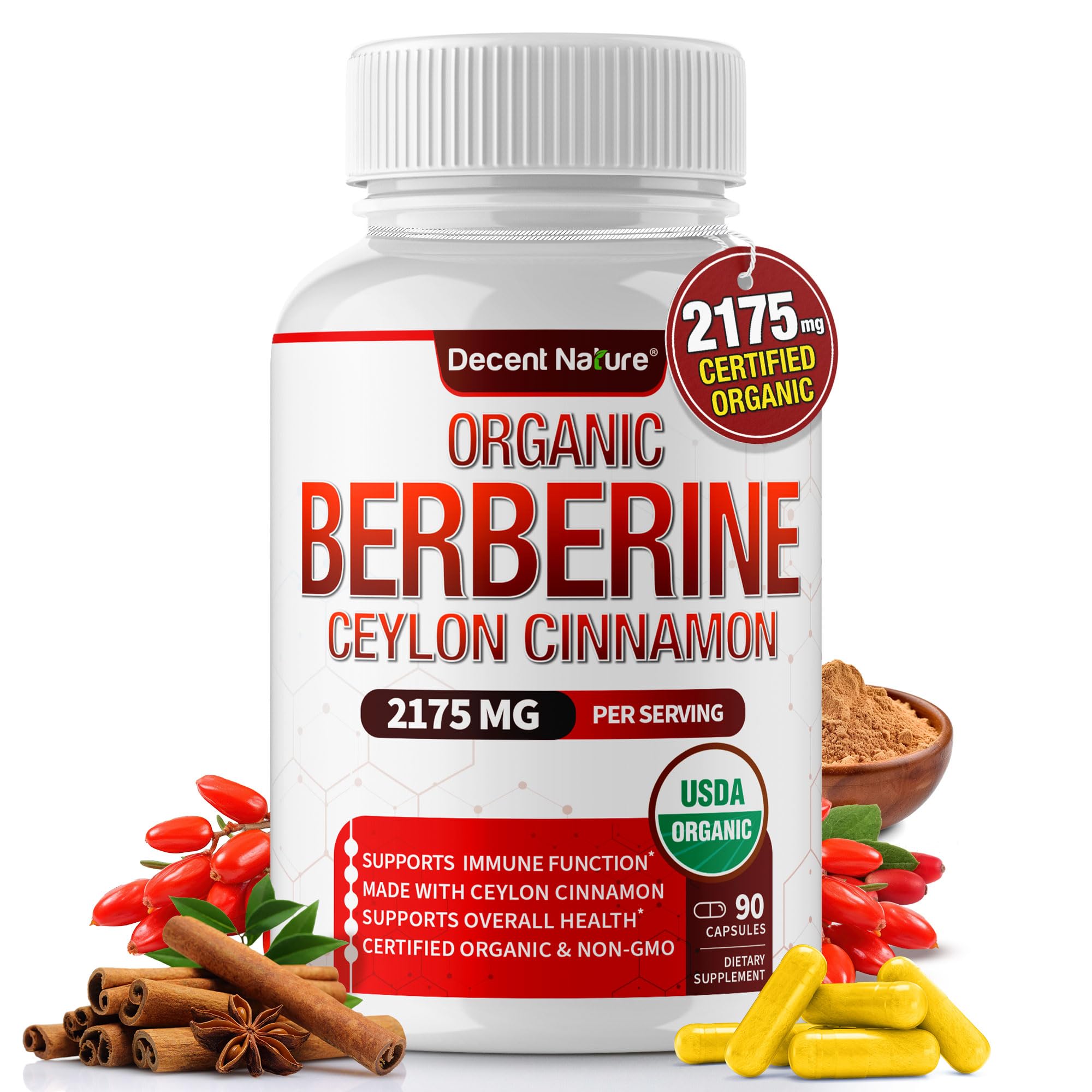 DECENT NATURE Organic Berberine Cinnamon bottle supports daily balance.