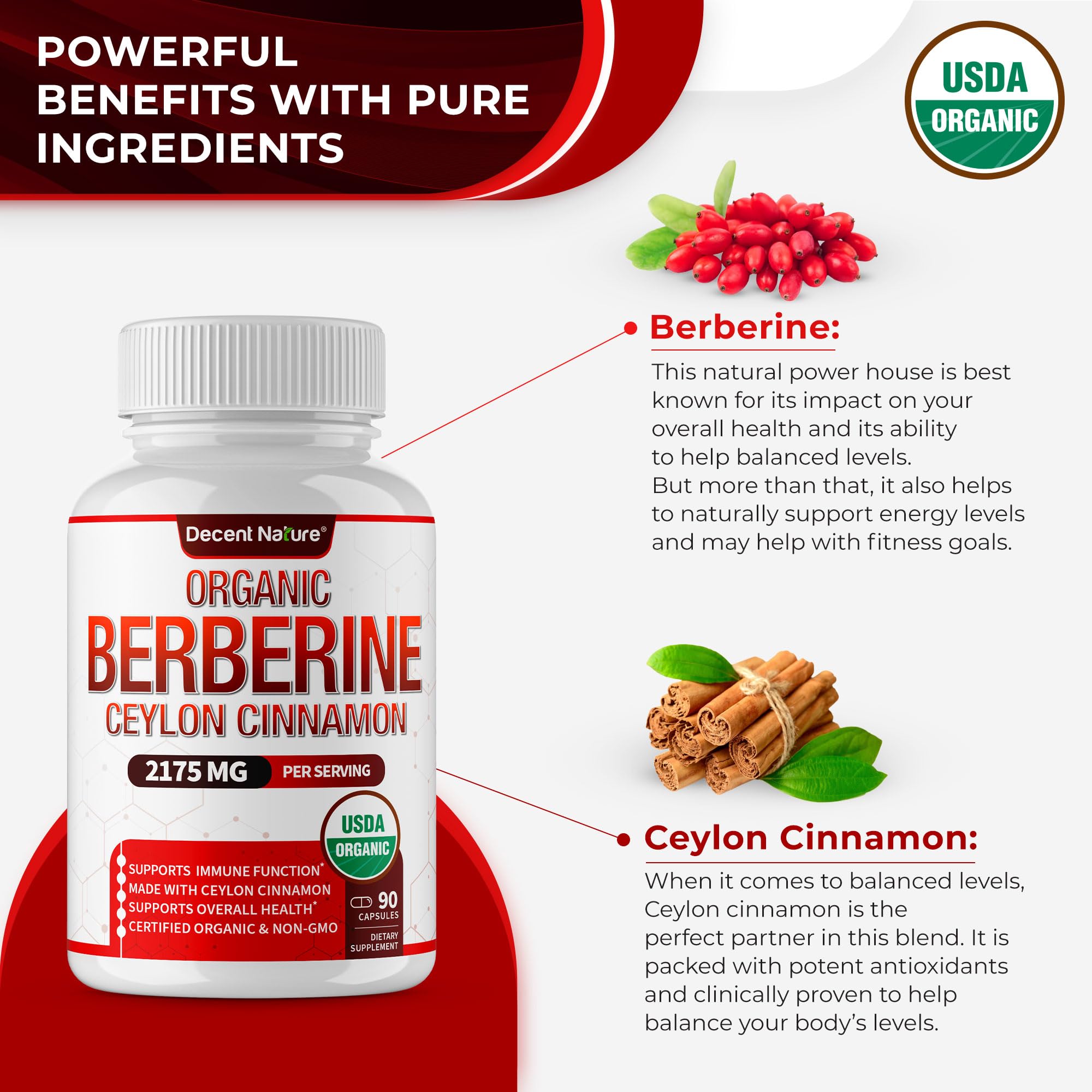 DECENT NATURE Organic Berberine Cinnamon label shows organic, non-GMO promise.