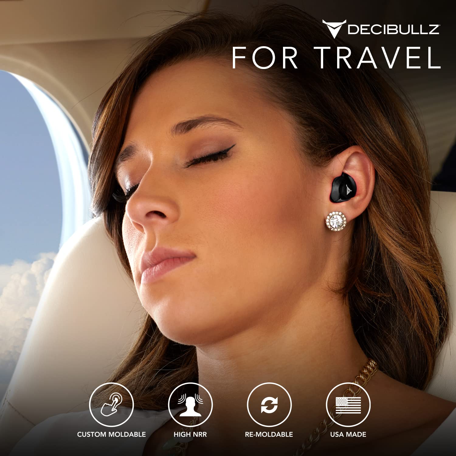 Decibullz work and travel scene with earplugs in use